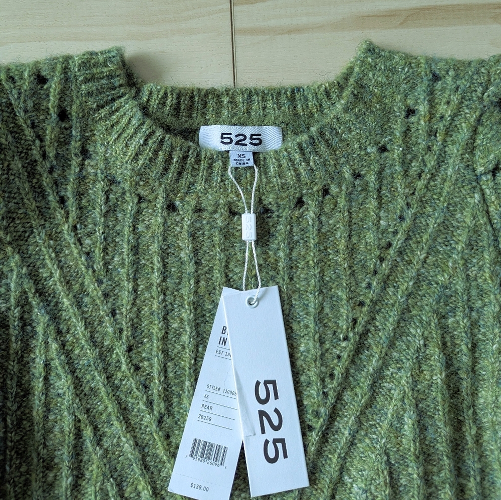 525 America Pointelle knit puff sleeve sweater wool blend green - Picture 7 of 8